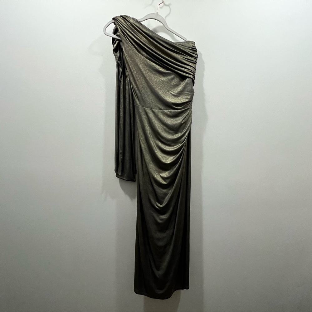 TADASHI SHOJI Metallic Draped One Shoulder Gown